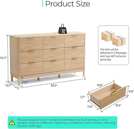 LINSY HOME Fluted Dresser for Bedroom with 9 Drawers, 58" Wide Mid Century Modern Dresser, Tall Boho Chest of Drawers, Large Wood Accent Storage Cabinet for Living Room, Curved Profile Design, Oak