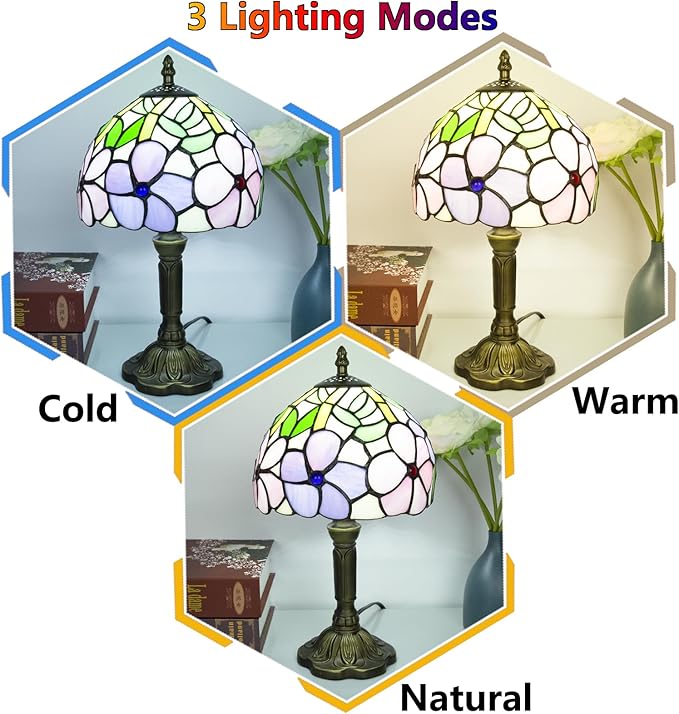 Crefotu Tiffany Style Table Lamp, 3 Color Temperatures Bedside Lamp, 8 Inch Stained Glass Desk Light for Home Office Bedroom Living Room (4 Flower Pattern)