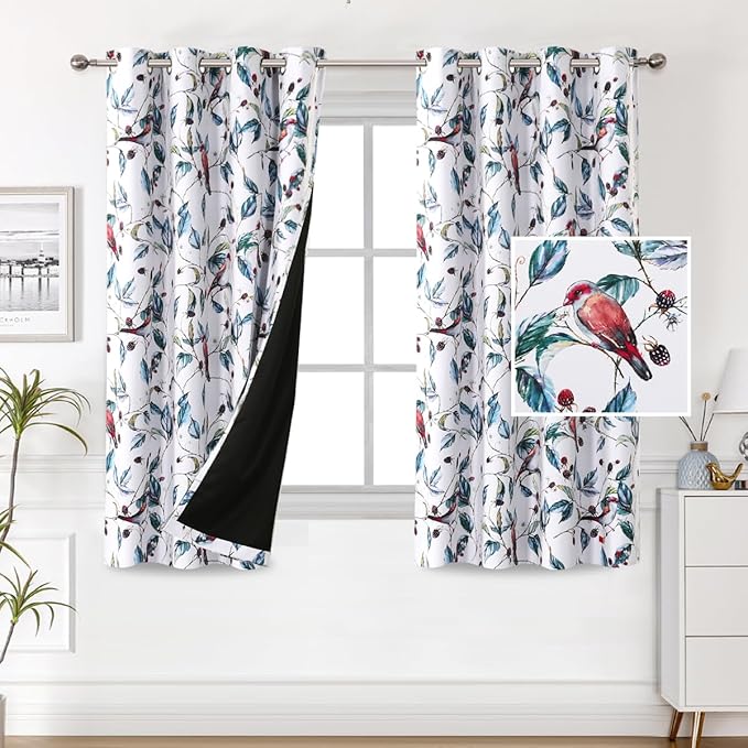 H.VERSAILTEX 100% Blackout Curtains 63 inch Length 2 Panels Set Printed Drapes Thermal Insulated Curtains for Bedroom with Black Liner Sound Proof Curtains, Wild Berry and Bird