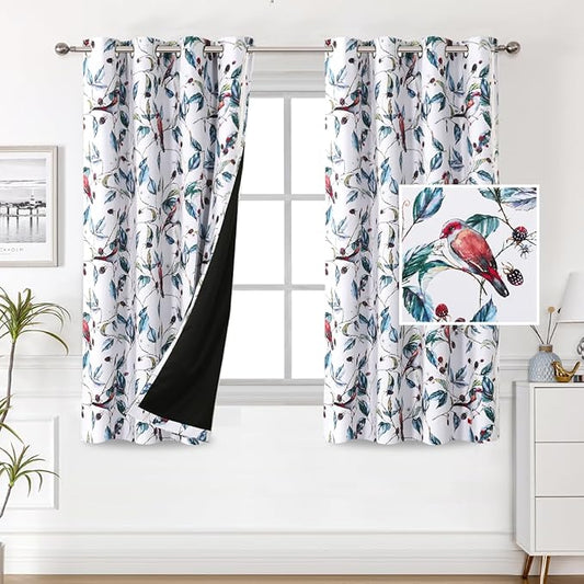 H.VERSAILTEX 100% Blackout Curtains 63 inch Length 2 Panels Set Printed Drapes Thermal Insulated Curtains for Bedroom with Black Liner Sound Proof Curtains, Wild Berry and Bird