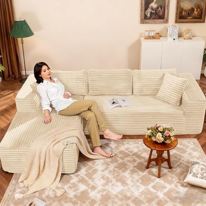COMHOMA 105”Modular Sectional Sofa with Deep Seat,Cloud Upholstered L-Shape Couch Wide Arms Corduroy Fabric High-Density Foam Chaise Lounge for Living Room No Assembly Required