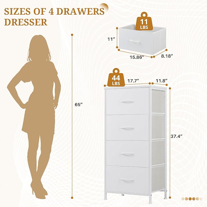 Nightstand with 4 Fabric Drawers, 37.4" H Tall Narrow Bedside Table with Wooden Top Steel Frame for Bedroom, Dorm, Closet, Living Room, White