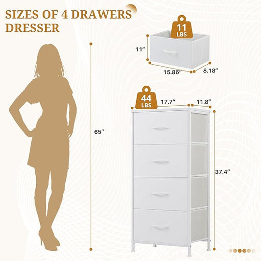 Nightstand with 4 Fabric Drawers, 37.4" H Tall Narrow Bedside Table with Wooden Top Steel Frame for Bedroom, Dorm, Closet, Living Room, White