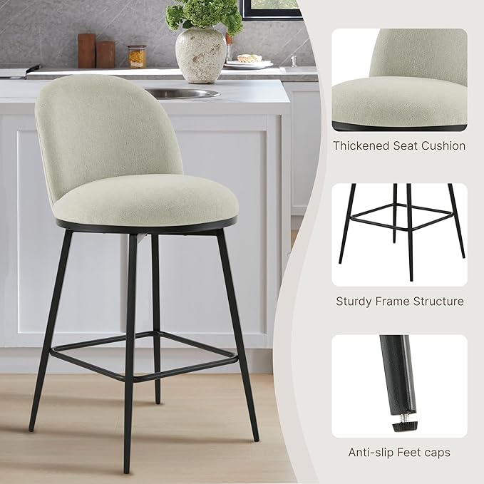Swivel Bar Stools Set of 3, 26" H Upholstered Linen Fabric Barstools with Backs,Counter Height Stools with Metal Legs for Kitchen Island,Grey,1 Box