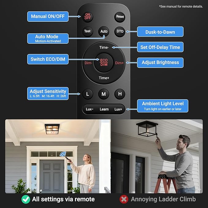 VIANIS Motion Sensor Outdoor Ceiling Light with Remote Control, 2-Light Black Modern Outdoor Flush Mount Light for Garage, Porch, Entryway, Square, Upgraded 5 Lighting Modes Adjustable Distance Time