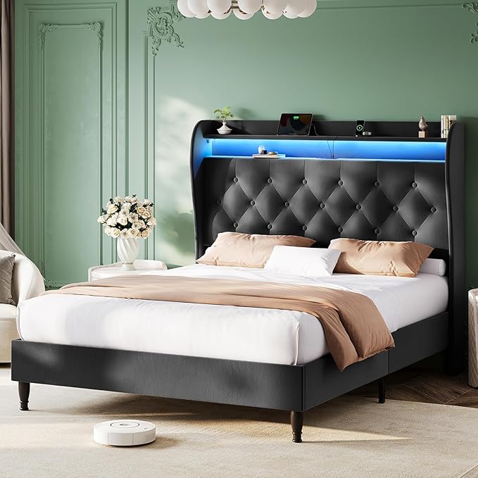 Queen Bed Frame with Tall Headboard, Velvet Upholstered Platform Bed with LED Lights & Charging Station, 52.7"-55" Adjustable/Modern Tufted Wingback Storage Headboard, No Box Spring Needed, Black