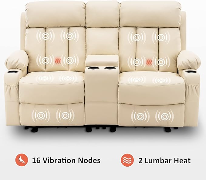 MCombo Zero Gravity Loveseat Recliner with Console, Heat and Massage, Power Reclining Sofa for Living Room, Faux Leather 6095 (Cream White, Loveseat Recliner with Console)