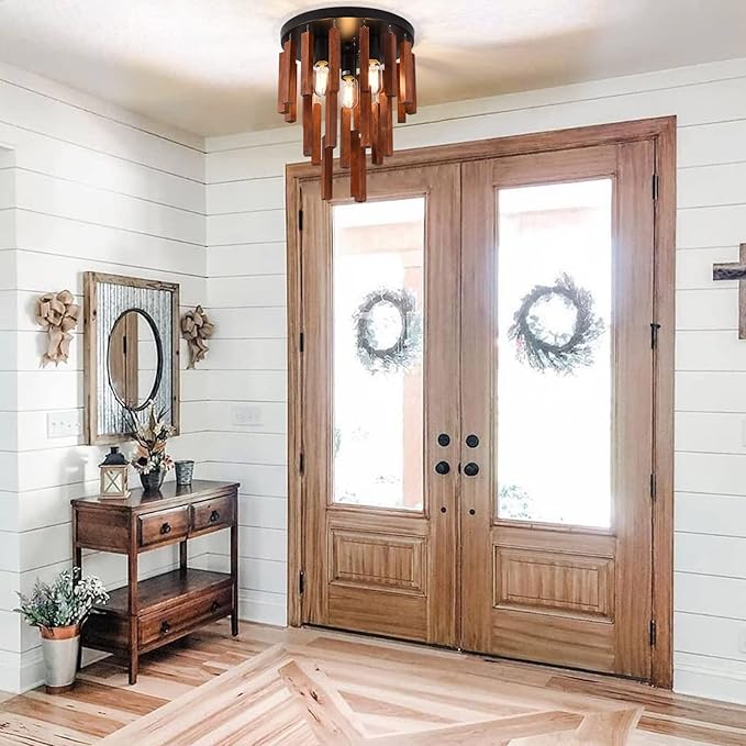 Farmhouse Flush Mount Ceiling Light Fixture, Rustic 3-Light Wood Strip Close to Ceiling Lights,Retro Vintage Red Oak and Black Kitchen Ceiling Lighting for Hallway Bedroom Entryway Living Dining Room