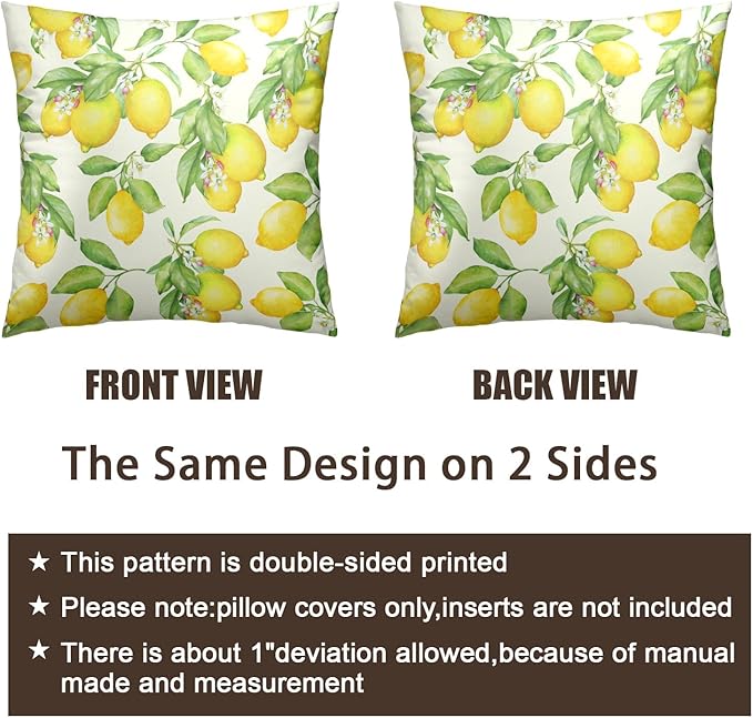 Lemon Pillow Covers 18x18 Set of 2 Summer Fruit Yellow Lemon with Green Leaf Floral Decorative Pillows Cases Watercolor Outdoor Square Cushion Cover for Farmhouse Living Room Decor