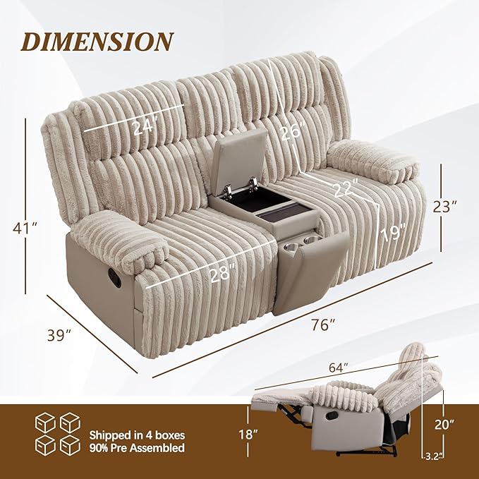 Oversized Reclining Loveseat with Hidden Cup Holders & Wireless Charger, Manual Double Recliner Sofa, Wall Hugger Loveseat Recliner with USB Ports for Living Room (Beige, Loveseat)