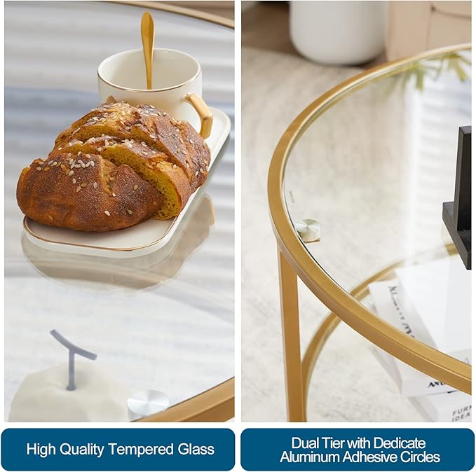 VINGLI Glass Coffee Table,30" Round Coffee Table Gold Coffee Tables for Living Room,2-Tier Glass Top Coffee Table with Storage Clear Coffee Table,Simple & Modern Center Table Mesa de Centro para Sala