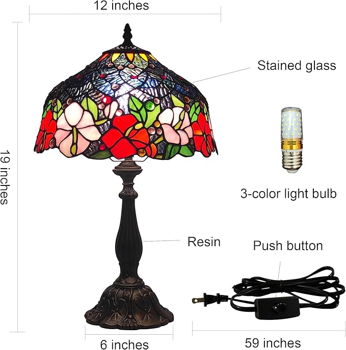 Tiffany Lamp Stained Glass Table Lamp Tiffany Style 3-Way Vintage Beside Reading Light 12 inch Flowers Style Antique Nightstand Light (Red Pink Flowers)