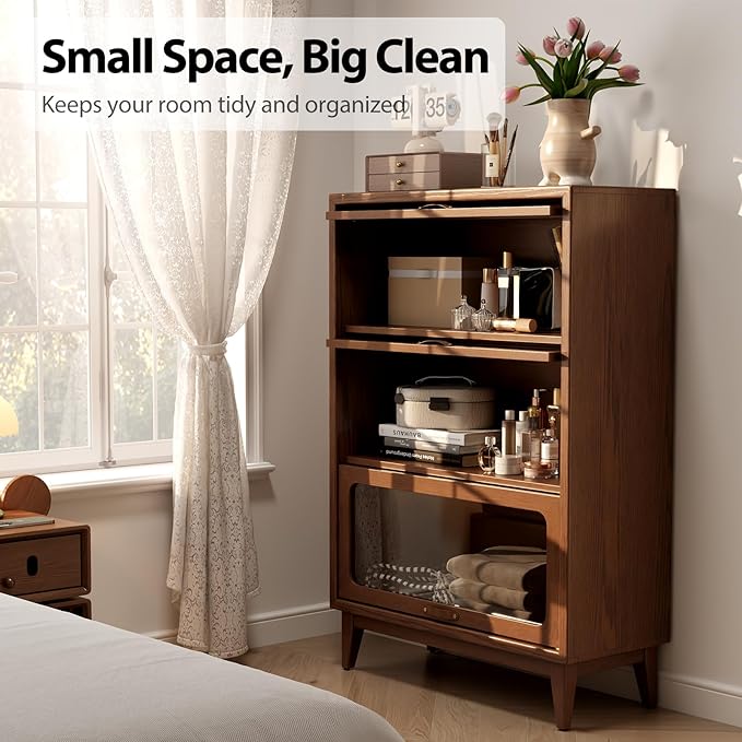 AQIMUELE Solid Wood Storage Cabinet with Glass Doors, 3 Shelf Small Storage Cabinet, Mid Century Modern Bookcase, Kitchen Pantry Cabinet (Walnut-Clear Glass, 31.5" W)