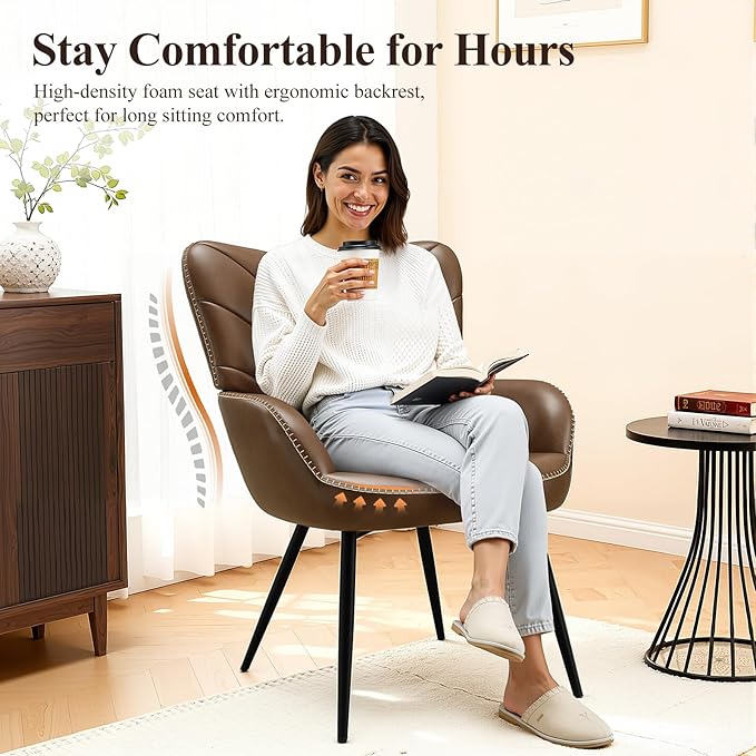 Mid-Century Modern Faux Leather Accent Chair for Living Room, Upholstered Armchair with Curved Back, High-Density Cushion & Metal Legs, Lounge Chair for Bedroom/Reading Corner,Set of 2