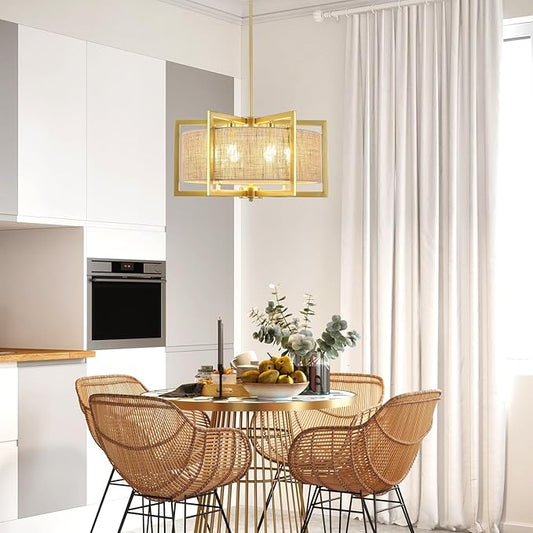 ALISADABOY Sprayed Gold Chandelier for Dining Room 21.25’’ Modern Farmhouse Geometric Drum Chandelier Industrial 6 Light Pendant Light Fixtures for Kitchen Island Entryway Foyer Hallway