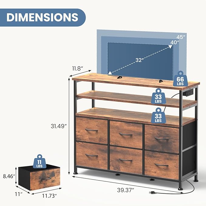 DUMOS TV Stand for Up to 45 inch TV, Wood Top TV Media Console Table with 6 Fabric Drawers, 2 Shelves, Entertainment Center with LED Lights & Charging Station for Living Room, Hallway, Brown