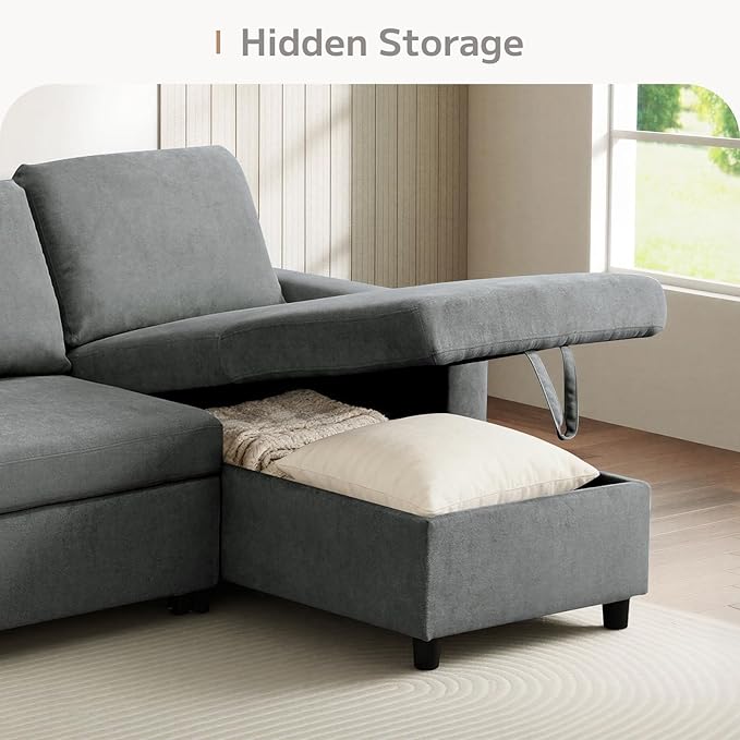 Yafylly L-Shaped Sleeper Sofa with Chaise Lounge & Storage, Pull-Out Couch Bed with Recliner, Full Size Futon for Living Room, Office, Apartment Dark Grey
