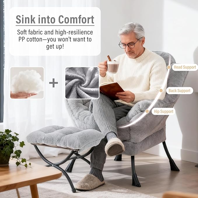Lazy Chair with Ottoman, Modern Chair with Folding Footrest, Plush Grey Accent Chair, Comfortable Reading Chair, Oversized Armchairs for Bedroom, Study, Living Room, Courtyard