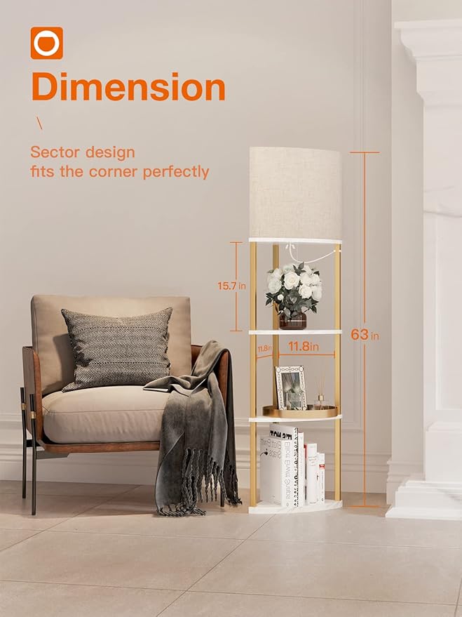 addlon 4-Tier Sector Corner Shelf Floor Lamp with 3 Color Temperatures LED Bulb and White Lamp Shade - Display Floor Lamps with Shelves for Living Room, Bedroom - Marble Texture