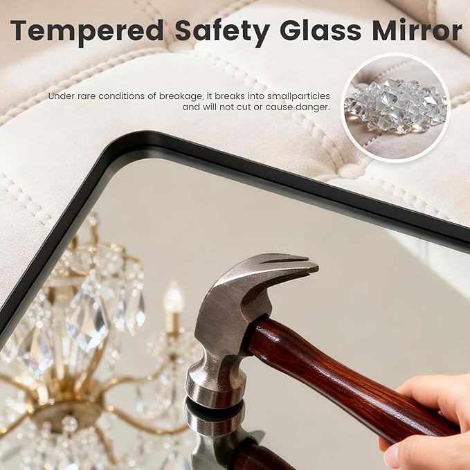 60" x 28" Large Long Black Bathroom Mirror for Wall Metal Framed Mirror, Large Rounded Rectangle Long Bathroom Mirrors, Tempered Glass, Anti-Rust, Hangs Horizontally or Vertically