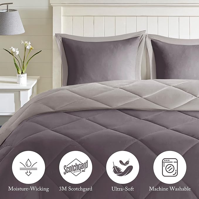 Madison Park - MPE10-614 Essentials Larkspur Comforter Set, Twin/Twin XL, Charcoal/Grey