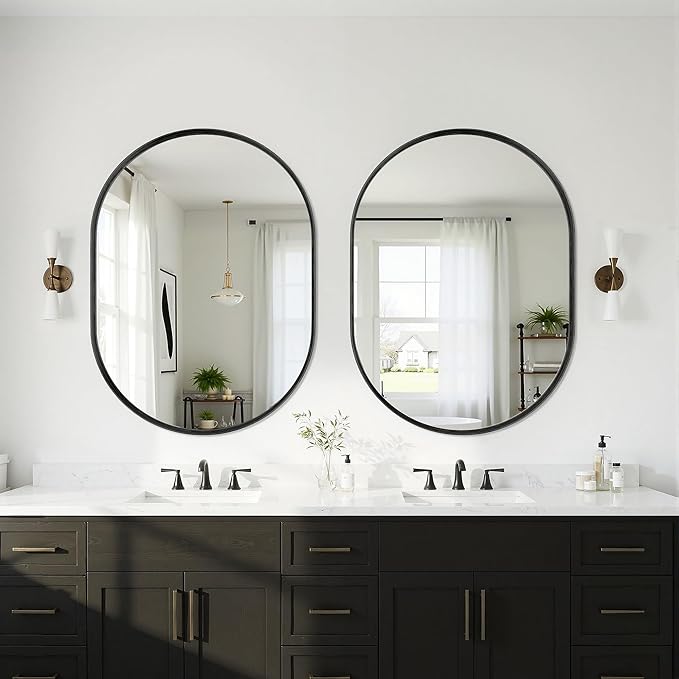 Suidia 2-Pack 22" x 30" Bathroom Mirror, Bathroom Vanity Mirror Metal Framed, Wall-Mounted Mirrors for Bedroom, Living Room, Entryway, Hallway, Black, Oval Style