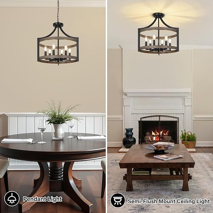 6-Light Farmhouse Chandelier, Rustic Semi Flush Mount Ceiling Light Modern Faux Wood Black Vintage Cage Hanging Pendant Light Fixture for Dining Room Kitchen Foyer Hallway Entryway Bedroom