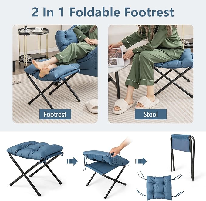 GORELAX Lazy Chair with Ottoman, Modern Accent Chair w/Armrests & Side Pocket, Upholstered Lounge Sofa Chair & Folding Footstool Set, Reading Chair for Bedroom, Living Room, Dorm Room (Navy)
