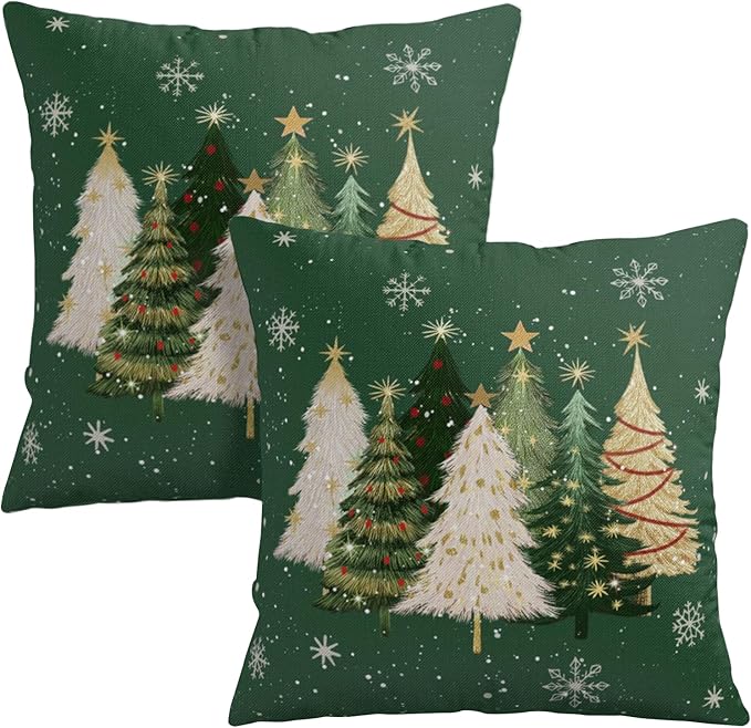 Green Christmas Outdoor Pillow Covers 24x24 Set of 2 White Gold Xmas Tree Snowflakes Pillow Case Rustic Farmhouse Winter Holiday Decorative Pillowcases for Home Sofa Couch