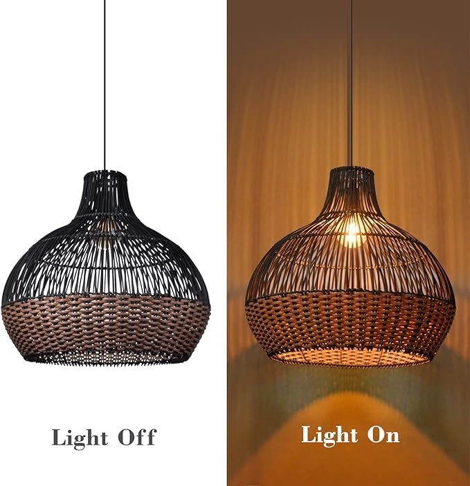 Arturesthome Rattan Pendant Lights, Wicker Chandelier Boho Basket Lighting Fixtures, Natural Woven Hanging Lamp for Kitchen Island Dining Room Black