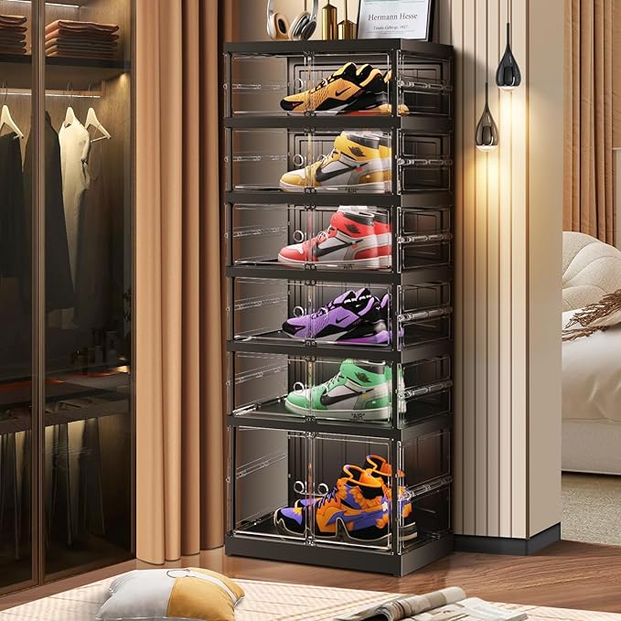 6 Tier Foldable Shoe Rack for Closet Entryway 6-12 Pairs Stackable Clear Shoe Storage Boxes with Lids Shoes Shelf with Door Plastic Organizer Cabinet Easy Assembly Black