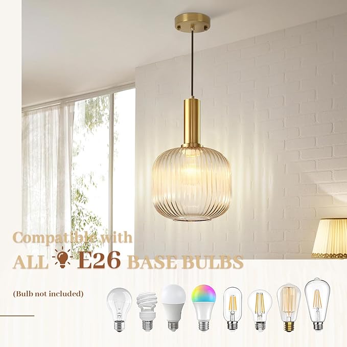 Amber Glass Pendant Light, Mid Century Modern Pendant Lights Kitchen Island, Vintage Gold 1-Light Ceiling Hanging Light Fixtures for Dining Room Bedroom Hallway Bar