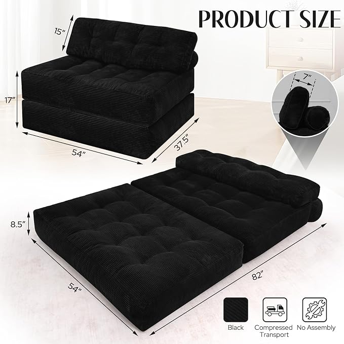 HABUTWAY Folding Sofa Bed, Foldable Floor Sofa Lounge w/Dual-Pillow & Handle, Convertible Sleeper Chair Bed w/Back Support for Living Room, Bedroom, Apartment, Office, Black, Full