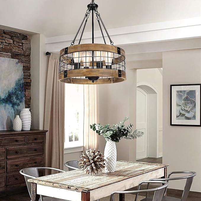4-Light Rustic Chandelier for Entryway, Round Farmhouse Light Fixtures for Dining Room, Industrial Drum Hanging Pendant Lighting for Kitchen Island, Nature Wood Texture and Black Metal Finish