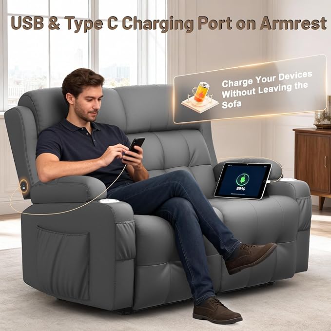 Loveseat Recliner, Oversized Reclining Loveseat, Pebble Texture Reclining Sofa With USB/Type C & Storage & Cup Holders, Recliner Couch, RV Wall Hugger Recliners Loveseat Clearance for Living Room & RV