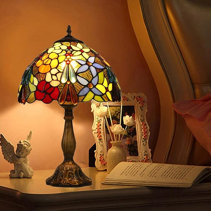 Tiffany Tall Table Lamps Bedside Nightstand Rose Flower Beads Stained Glass Table Lamp for Bedroom,Living Room,Dining Room Restaurant Hotel Desk Reading Light+LED Bulb,12X12X18 INCH