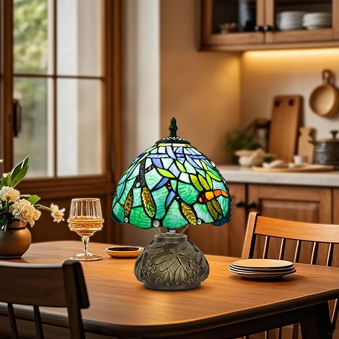Small Tiffany Table Lamp,Stained Glass Lamp,8 Inch Mushroom Style Mini Vintage Desk Lights for Bedside, Bedroom,Nightstand,Living Room,3 Color Temperature (Wheat Ear Dragonfly)
