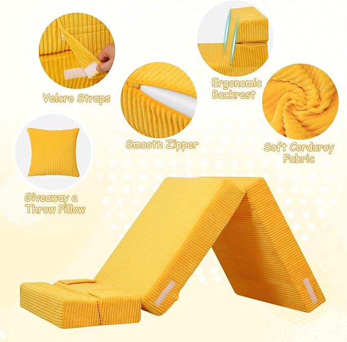 MeMoreCool Folding Sofa for Kids, Corduroy Fold Out Futon Chair, Small Foldable Floor Mattress, Portable Children Couch Sofa, Yellow