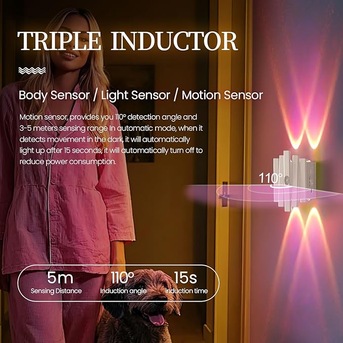 Rechargeable Motion Sensor Wall Sconce, Battery Operated Indoor Night Light with Magnetic Mount, RGB Colorful LED Ambient Lighting for Hallway, Stairs, Bathroom & Kids Room (USB-C)