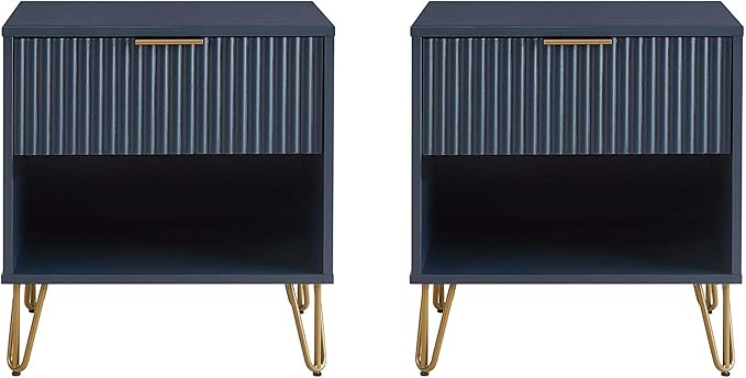 Manhattan Comfort Dumbo Modern Nightstand 1.0 with 1 Drawer and Metal Feet | Splayed Gold Legs | Vertical Ribbed Design | No Tool Assembly Storage for Bedroom & Living Room, Set of 2, Midnight Blue