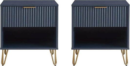 Manhattan Comfort Dumbo Modern Nightstand 1.0 with 1 Drawer and Metal Feet | Splayed Gold Legs | Vertical Ribbed Design | No Tool Assembly Storage for Bedroom & Living Room, Set of 2, Midnight Blue