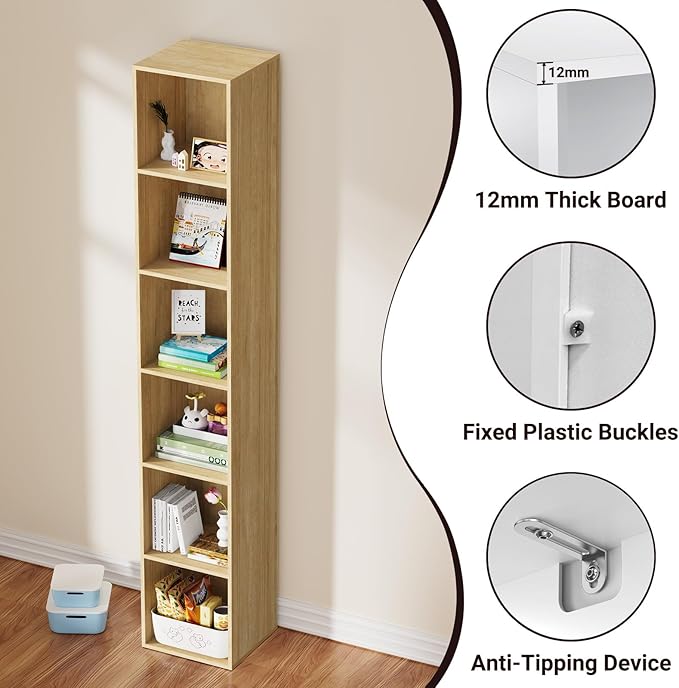 6 Tier Bookshelf, Open Tall Narrow Floor Standing Bookcase, Storage Organizer Bookshelves Freestanding Book Shelf for Living Room, Bedroom, Home Office (Oak, 6 Cube)