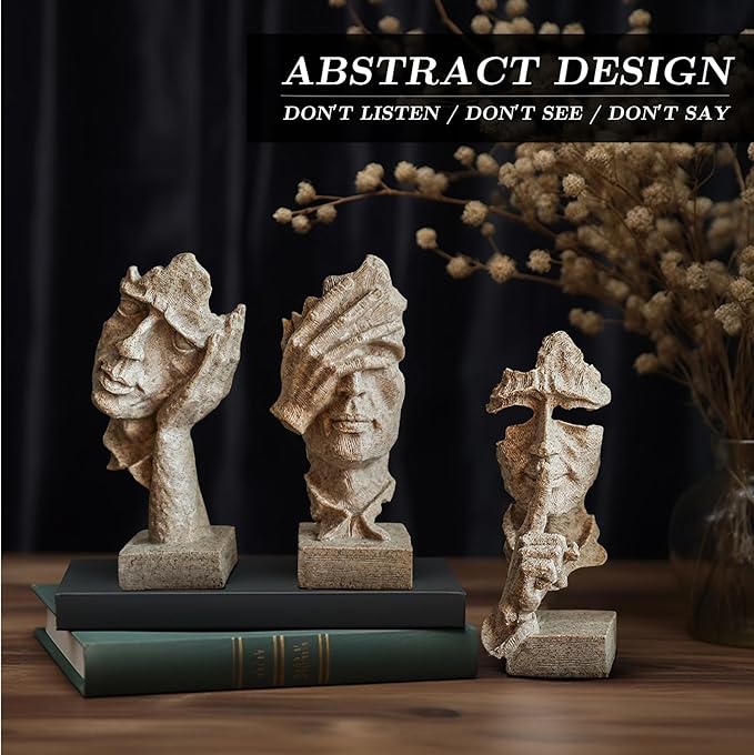 3 Pcs Thinker Statue, Silence is Sandstone Abstract Art Figurine, Modern Home Resin Decorative Objects Decor for Home Office Bookshelf Desktop,No Hear No See No Speak Knick Knacks