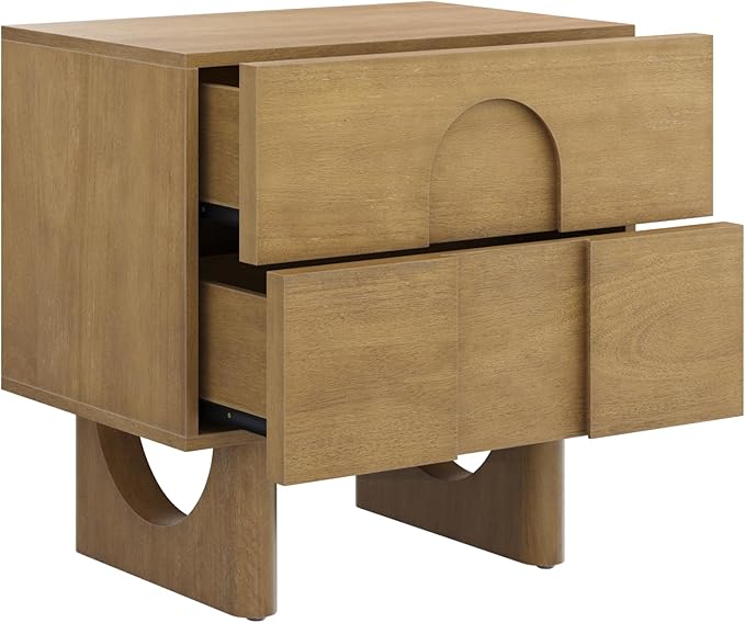 Nathan James Jett Mid Century Modern Nightstand, Wooden Bedside Table with Drawers and Arched Door Cutout, Light Brown