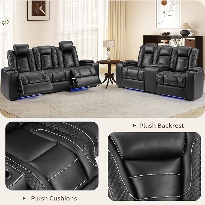 ANJ Modular Power Recliner Set: 5-Seat Home Theater Seating,3 Seat Recline Sofa and Loveseat (Center Console & Fixed Middle), LED Lights, USB Charging, Faux Leather for Living Room (Black)