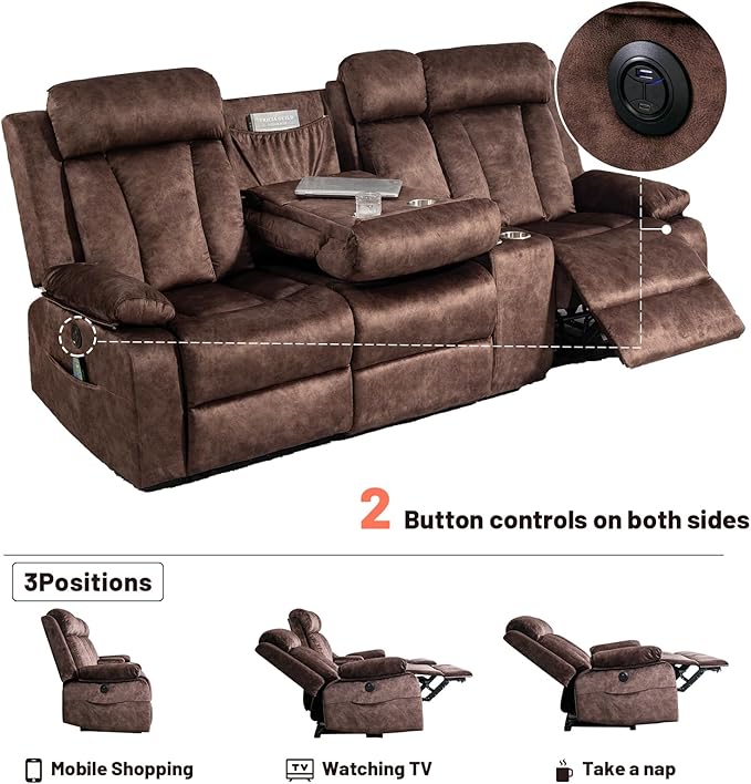 Electric Power Reclining Sofa, 3-Seater Sofa with Flip-Top Console, Massage & Heat, Recliner Couch with Storage, USB Ports, and Cup Holders - Perfect for Living Room Comfort (Brown)