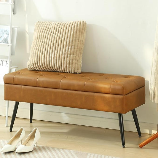 CUYOCA Storage Ottoman Bench, 40" Faux Leather Tufted Entryway Bench, Long Ottoman with Storage for Living Room, Support 660lbs - Cognac Brown