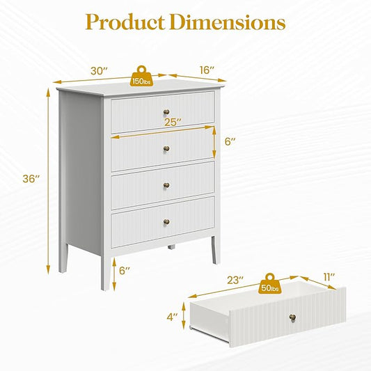 RoyalCraft White Fluted 4 Drawer Dresser for Bedroom, Modern Chest of Drawers, Wood Dresser for Storage Clothes, Wooden Storage Cabinet Nightstand for Bedroom, Hallway, Living Room, Entryway