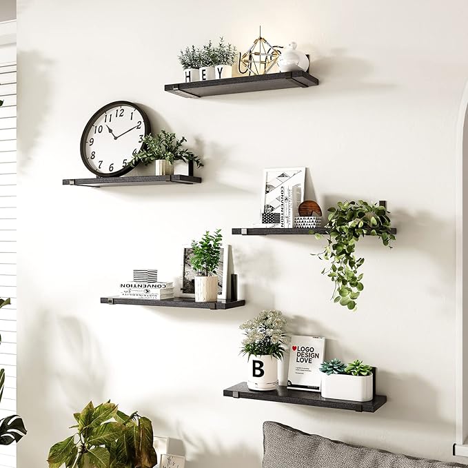 Fixwal Floating Shelves Set of 5, Width 4.7 Inches Black Wall Shelves, Rustic Wood Wall Storage Shelves for Bedroom, Living Room, Kitchen, Bathroom, Home Decor, Laundry Room, Office and Plants (Black)