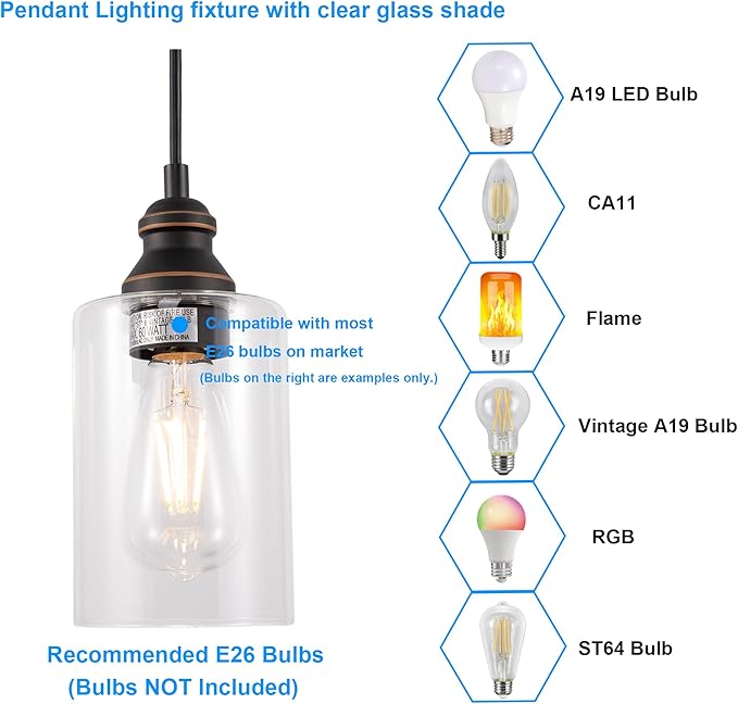 Pendant Light Fixture, Adjustable Hanging Ceiling Lights, Anti-Rust Metal Hanging Light Fixtures with Clear Glass, Modern Pendant Lighting for Kitchen Island Living Room, Bronze, 1-Pack